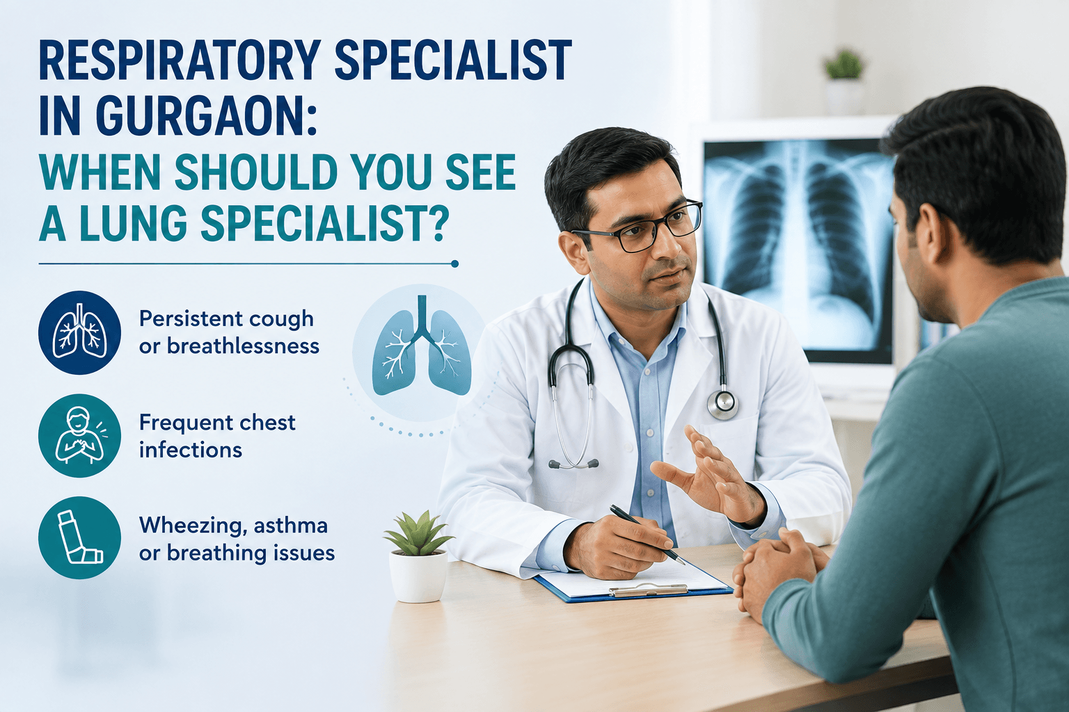 Respiratory specialist in Gurgaon with key signs for seeking lung care: cough, breathlessness, chest infections, and wheezing.